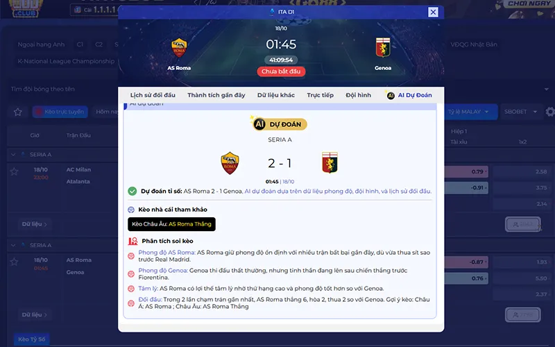 Dự đoán AI AS Roma vs Genoa 01h45 ngày 18/10/2026